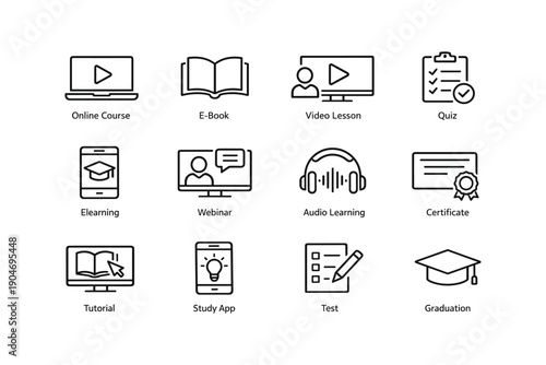 Elearning icons: online course, e-book, webinar, graduation, certificate