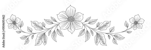 Flowers line drawing with leaves and stems, elegant floral decoration, simple black outline, minimalist botanical design, beautiful and delicate featuring illustration, artwork, graphic with vector