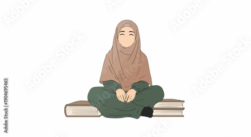 Young Muslim woman in hijab sitting peacefully on books, symbolizing education, knowledge, and spiritual learning. Illustration for Islamic studies and wisdom.