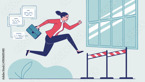 Businesswoman in a red jacket jumping over hurdles to achieve success in a modern office.