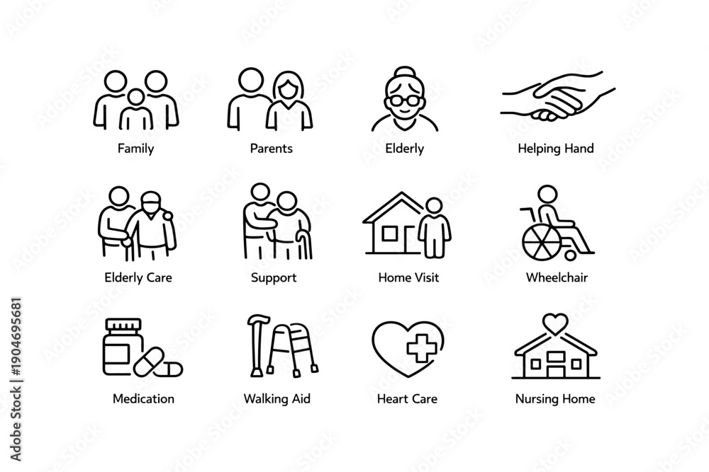 Fototapeta premium Elderly care icons: family support, home visit, medication, wheelchair, heart care