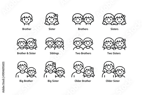 Illustration of family sibling relationships with simple line icons