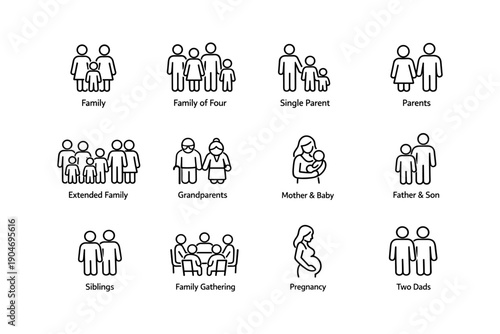 Family icons collection: diverse groups and relationships