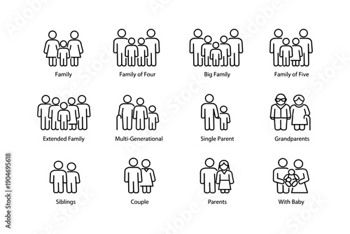 Family icon set: diverse groups including siblings, couples, and grandparents