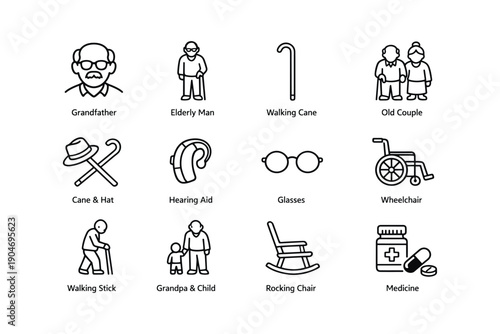 Elderly icons: grandparents, mobility aids, and healthcare symbols