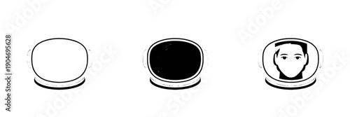 Astronaut helmets set with different visor styles and facial features in simple line art featuring space suits, visors, black and white with minimalist design and space exploration elements for
