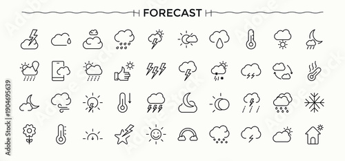 Forecast icon set. Contain linear symbols climate, weather, meteorology, season, forecasting and more. Weather icon. Editable vector.