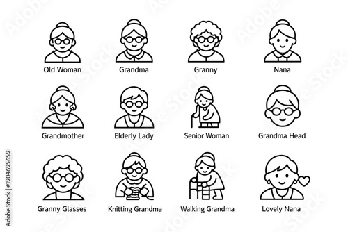 Elderly female icon set featuring various grandma styles and activities