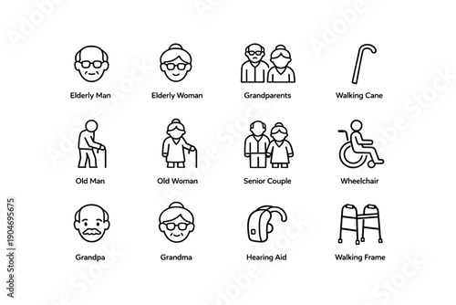 Icons of elderly individuals and mobility aids: walking cane, wheelchair, hearing aid, walking frame
