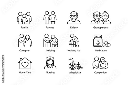 Icons representing family, caregiving, and elderly support