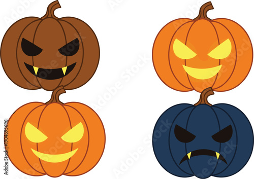Halloween Pumpkin Vector Illustration Set with Scary Jack O Lantern Faces for Spooky Decorations, Party Graphics, Stickers, and Holiday Designs