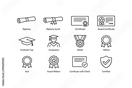Education icons: diploma, certificate, graduation cap, medal, award ribbon, seal, certified