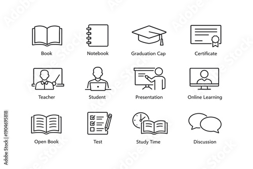 Educational icons: book, graduation cap, certificate, teacher, student, online learning