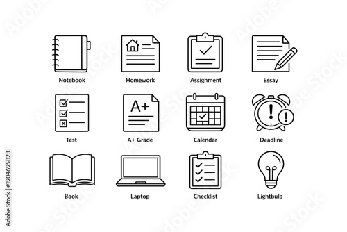 Education icons: notebook, homework, assignment, essay, test, a+ grade, calendar, deadline, book, laptop, checklist, lightbulb