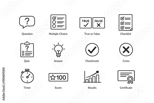 Education and assessment icon set: quiz, true or false, checklist, results