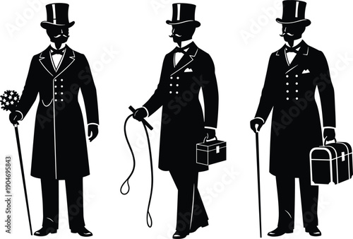 Collection of Black Vector Silhouettes Featuring a Victorian Gentleman in Top Hat and Formal Overcoat Holding a Walking Cane Case and Flower Bouquet