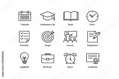 Education icons set: calendar, graduation, book, clock, checklist, target, lecture, assignment