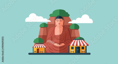 Spiritual Enlightenment and Serenity Buddha meditating peacefully amidst nature, representing inner peace and wisdom, with small shops symbolizing community engagement
