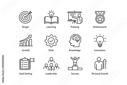 Collection of line icons representing business and personal growth concepts