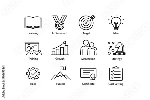 Icons representing learning, achievement, target, and strategy concepts