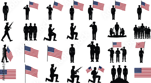 Collection of Black Vector Silhouettes Featuring American Soldiers Saluting Kneeling and Holding USA Flags for Veterans Day Memorial Day and Patriotic Military Honor Design