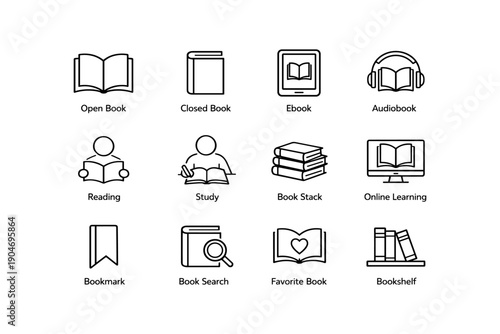 Icon set of books, reading, and learning resources