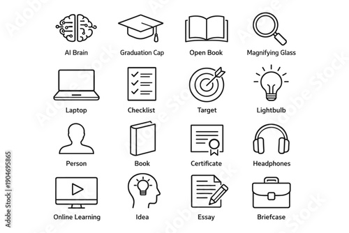 Education and learning icon set featuring technology and knowledge tools