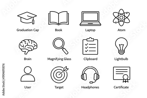 Education and science icons: graduation cap, book, laptop, atom, brain, magnifying glass, clipboard, lightbulb