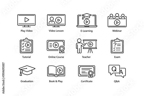 Online education icons set: e-learning, webinar, tutorial, graduation, certification, q&a