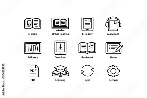 Digital reading icons: e-books, audiobooks, e-reader, pdf, learning, settings