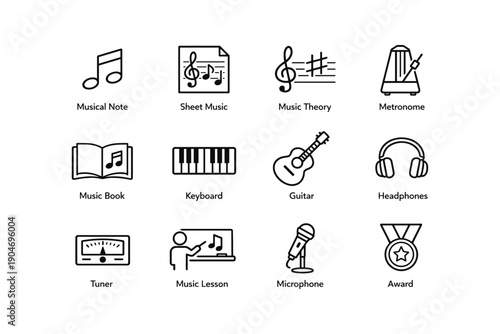 Music icons set: instruments and tools in simple line art
