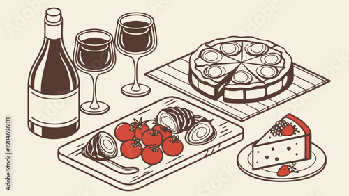 Hand drawn illustration of a dinner setting with wine, pizza, fresh tomatoes, and dessert.