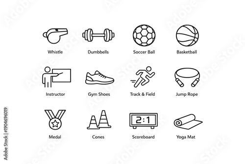 Fitness and sports icons set: whistle dumbbells soccer ball basketball