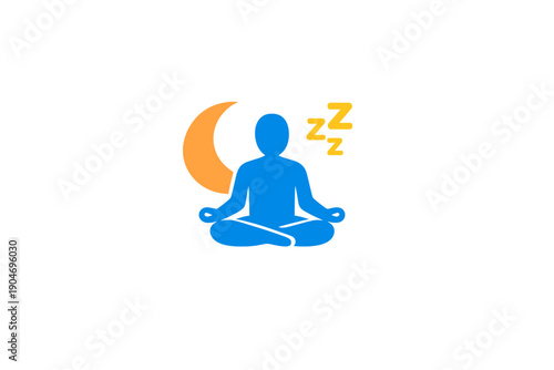 Meditation practice occurs at night with a figure sitting in a cross-legged position beside a crescent moon