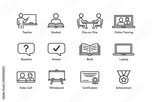 Education icons set: teacher, student, online tutoring, certification, achievement