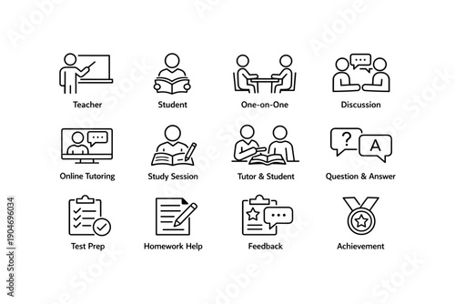 Educational icons: teacher, student, tutoring, discussion, achievement