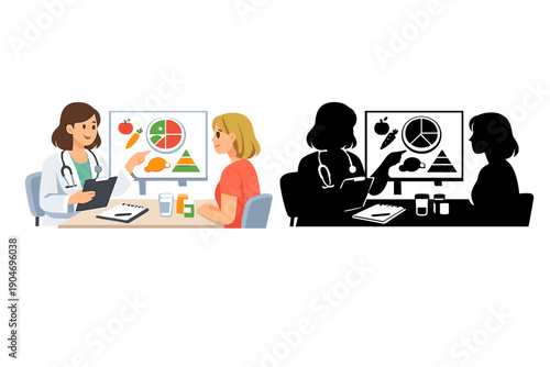 Nutritionist talks to client about healthy eating habits in a consultation setting at a clinic during daytime