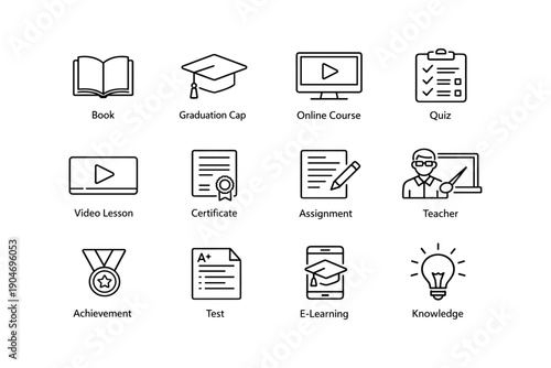 Icons representing e-learning concepts: book, graduation cap, online course, quiz, video lesson, certificate, assignment, teacher, achievement, test, knowledge