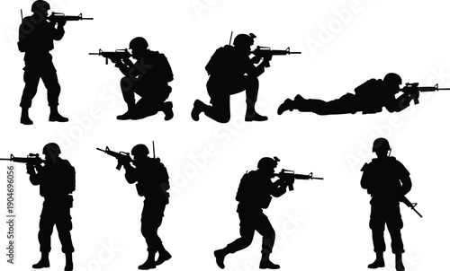 Collection of Black Vector Silhouettes Featuring Eight Soldiers in Modern Combat Gear With Rifles Aiming Standing Kneeling and Prone for Military Mission Tactical Graphic Design