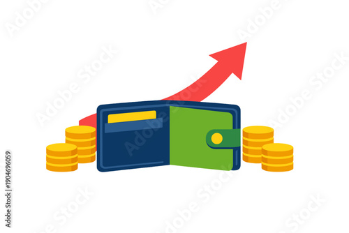 Wallet with coins and an upward arrow showing growth in finance and money management trends over time