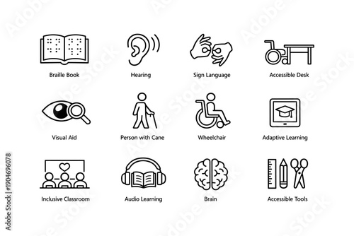 Inclusive education icons: accessibility tools and learning aids