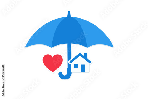 Bright blue umbrella with a house and heart symbol representing protection and care for homes and families in various situations and environments