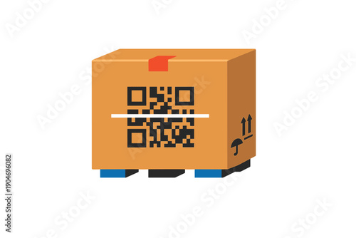 Deliveries involve a brown cardboard box with a QR code on the side, placed on a pallet, ready for shipping