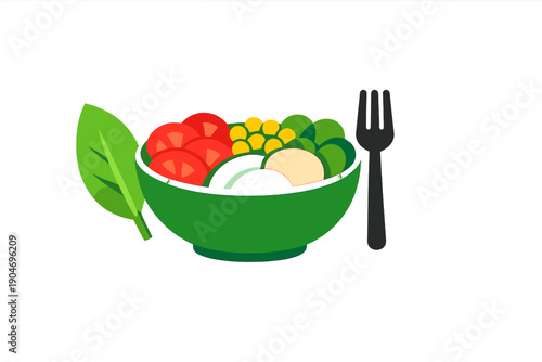 Colorful bowl of salad with fresh vegetables, green leaves, and a fork placed beside it in a simple design with no background details