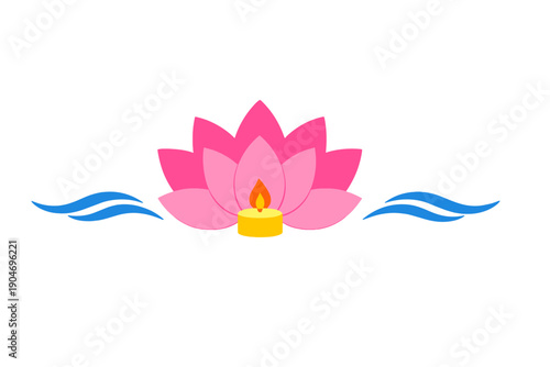 Lotus flower with candle and water waves in a simple design for relaxation and harmony
