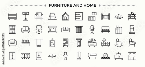 Furniture icon set. Includes thin line symbols decor, bedroom, living, lounge, bathroom, decoration, interior and more. Bedroom linear icon set. Thin icons set. Editable stroke collections.