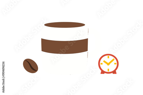 Coffee cup with brown stripes next to coffee bean and clock showing time for morning routine