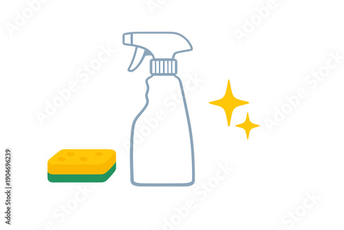 Cleaning supplies include a spray bottle and a yellow sponge near sparkling clean surface