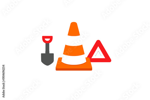 Traffic cone, shovel, and warning sign are placed at a construction site during daytime to signal drivers to be cautious and aware of work being done on the road