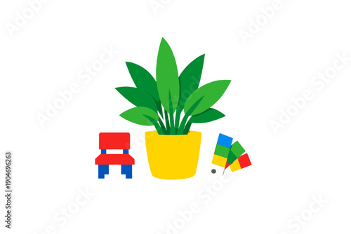 Bright plant next to a red chair and color samples on a white background in a workspace setting during daytime